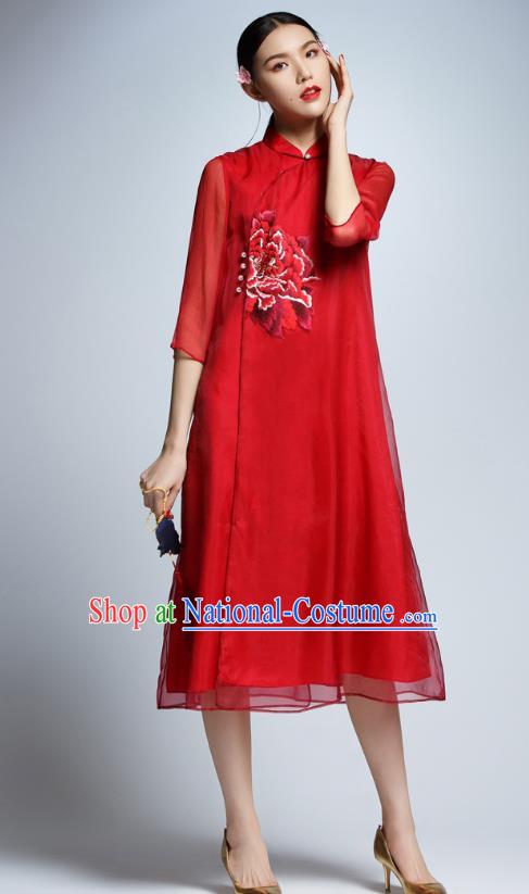 Chinese Traditional Embroidered Peony Red Cheongsam China National Costume Tang Suit Qipao Dress for Women