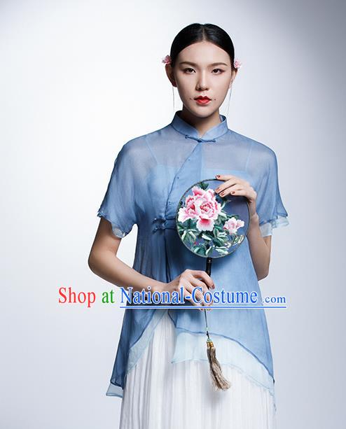 Chinese Traditional Tang Suit Blue Blouse China National Upper Outer Garment Cheongsam Shirt for Women