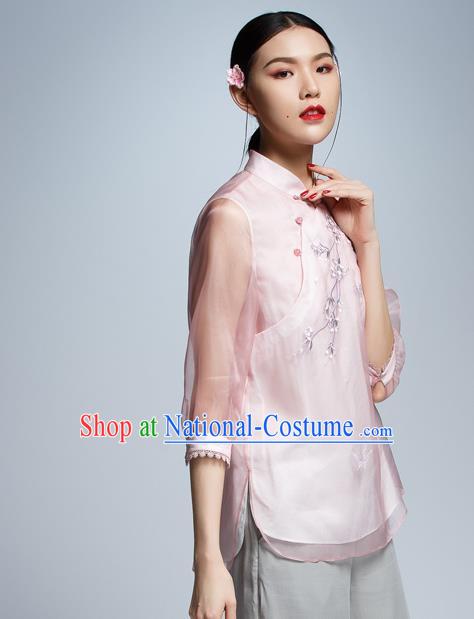 Chinese Traditional Costume Embroidered Plum Blossom Pink Cheongsam Blouse China National Upper Outer Garment Shirt for Women