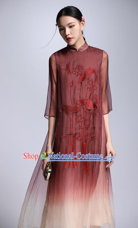 Chinese Traditional Tang Suit Embroidered Lotus Red Cheongsam China National Qipao Dress for Women