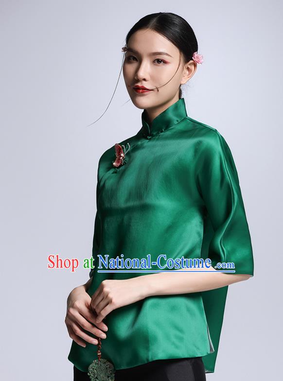 Chinese Traditional Tang Suit Green Silk Blouse China National Upper Outer Garment Cheongsam Shirt for Women