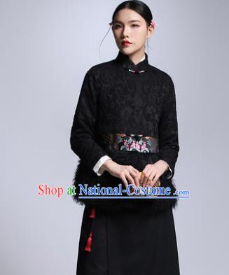 Chinese Traditional Tang Suit Black Cotton-Padded Jacket China National Upper Outer Garment Cheongsam Shirt for Women