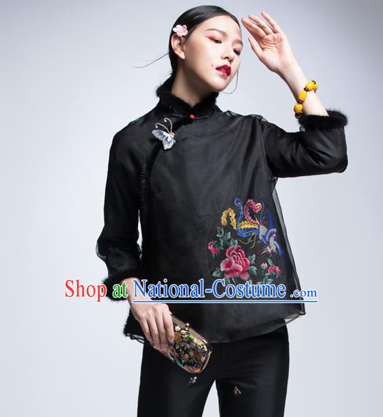 Chinese Traditional Tang Suit Black Cotton-Padded Jacket China National Upper Outer Garment Cheongsam Shirt for Women