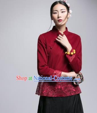 Chinese Traditional Tang Suit Red Woolen Jacket China National Upper Outer Garment Cheongsam Shirt for Women