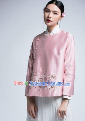 Chinese Traditional Tang Suit Pink Silk Coat China National Upper Outer Garment Shirt for Women