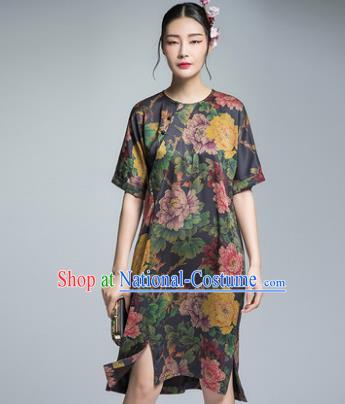 Chinese Traditional Tang Suit Printing Peony Cheongsam China National Qipao Dress for Women