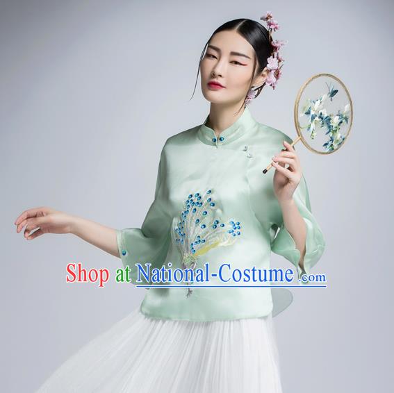 Chinese Traditional Tang Suit Green Silk Blouse China National Upper Outer Garment Shirt for Women