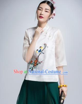 Chinese Traditional Tang Suit White Silk Blouse China National Upper Outer Garment Shirt for Women