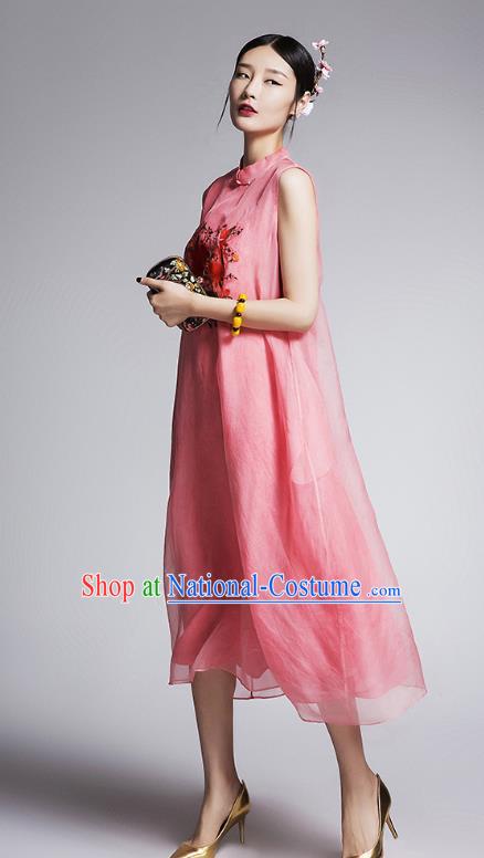 Chinese Traditional Tang Suit Embroidered Peony Cheongsam China National Pink Qipao Dress for Women