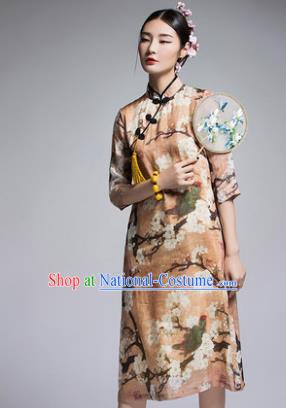 Chinese Traditional Tang Suit Printing Yellow Cheongsam China National Qipao Dress for Women