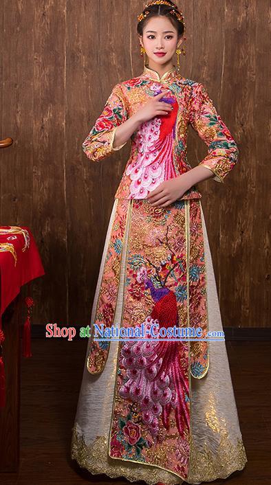 Chinese Traditional Embroidered Peacock Pink Xiuhe Suit Wedding Dress Ancient Bride Cheongsam for Women