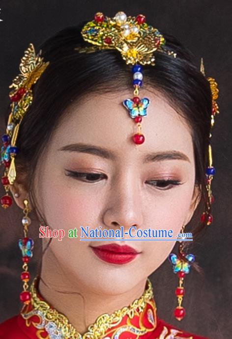 Chinese Traditional Wedding Hair Accessories Bride Blueing Butterfly Hairpins Complete Set for Women