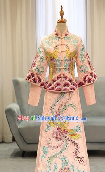 Chinese Traditional Bride Pink Xiuhe Suit Ancient Longfeng Flown Embroidered Phoenix Wedding Cheongsam Dress for Women