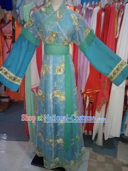 Chinese Traditional Peking Opera Diva Blue Dress Ancient Palace Lady Costume for Adults