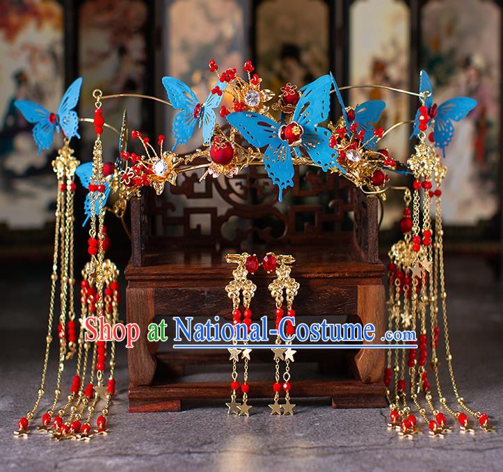 Chinese Ancient Wedding Blue Butterfly Phoenix Coronet Hair Accessories Traditional Hairpins for Women