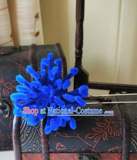 Chinese Ancient Qing Dynasty Hair Accessories Blue Velvet Flower Hairpins for Women