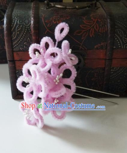 Chinese Ancient Qing Dynasty Hair Accessories Pink Velvet Flowers Hairpins for Women