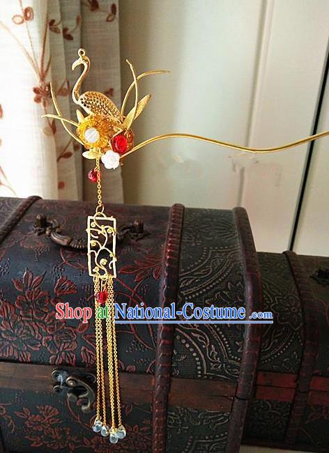 Chinese Ancient Qing Dynasty Hair Accessories Palace Crane Tassel Hairpins for Women