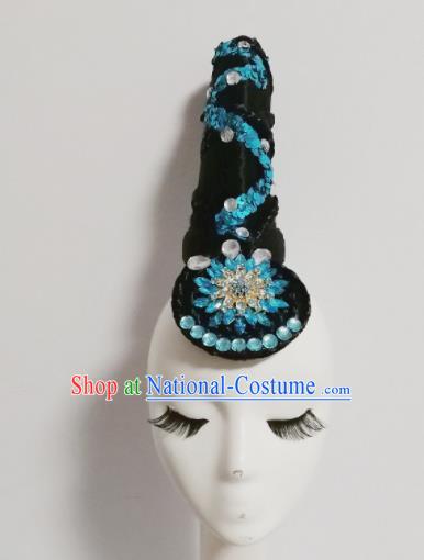 Chinese Traditional Classical Dance Blue Crystal Hair Accessories Folk Dance Headwear and Wig for Women