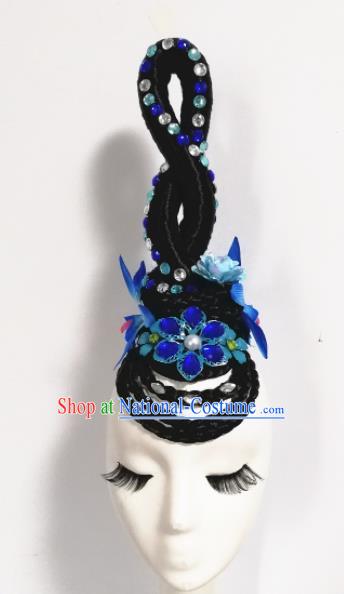 Chinese Traditional Classical Dance Blue Flower Hair Accessories Folk Dance Headwear and Wigs for Women