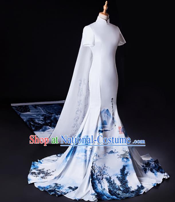 Chinese Traditional National Cheongsam Compere Chorus Costume White Full Dress for Women