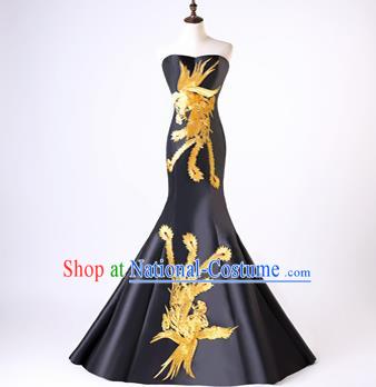 Chinese Traditional Phoenix Pattern Black Mermaid Full Dress Compere Chorus Costume for Women