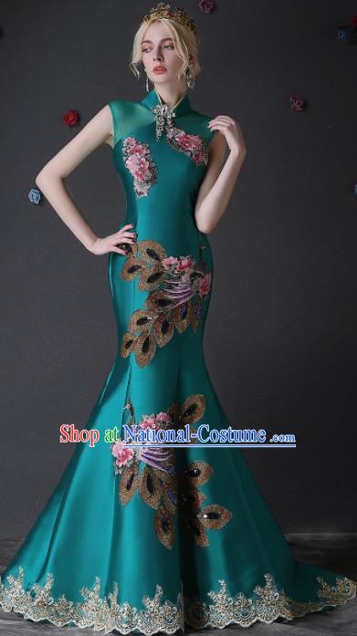 Chinese Traditional Compere Green Full Dress Embroidered Phoenix Cheongsam Chorus Costume for Women