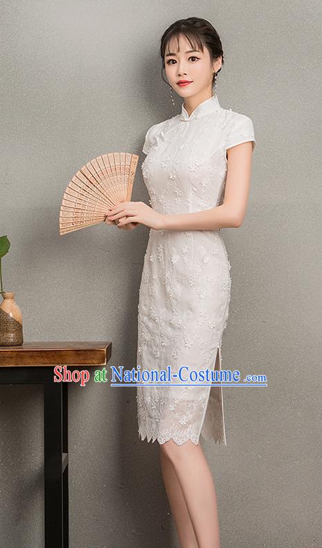 Chinese Traditional Retro Qipao Dress White Short Cheongsam Compere Costume for Women