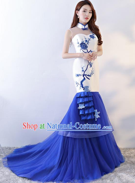 Chinese Traditional Qipao Dress Blue Veil Trailing Cheongsam Compere Costume for Women