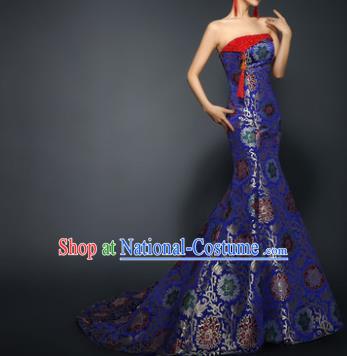 Chinese Traditional Qipao Dress Royalblue Trailing Cheongsam Compere Costume for Women