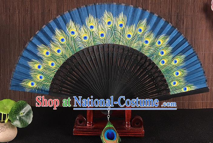 Chinese Traditional Craft Printing Peacock Feather Folding Fans