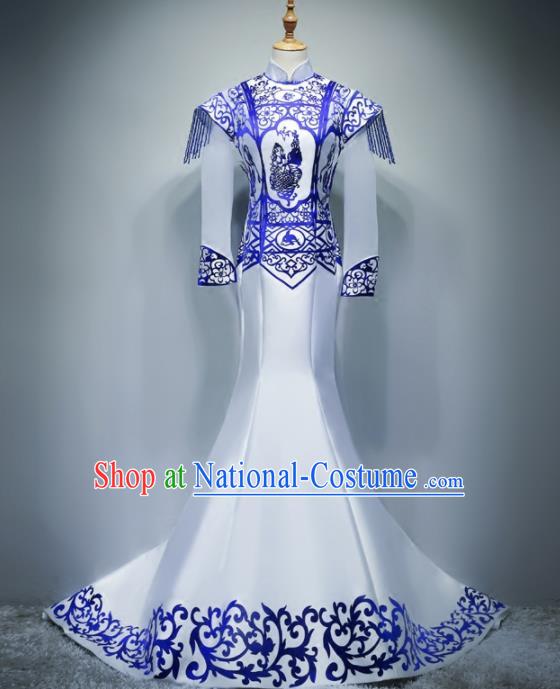 Chinese Traditional White Trailing Full Dress Compere Chorus Costume for Women