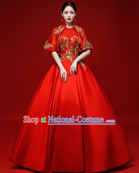 Chinese Traditional National Red Wedding Dress Compere Chorus Costume Full Dress for Women