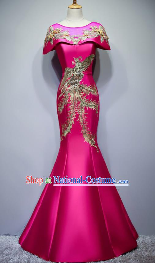 Chinese Traditional Embroidered Phoenix Rosy Full Dress Compere Chorus Costume for Women