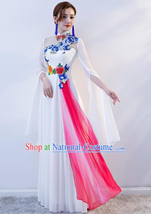 Chinese Traditional National White Cheongsam Compere Chorus Costume Full Dress for Women