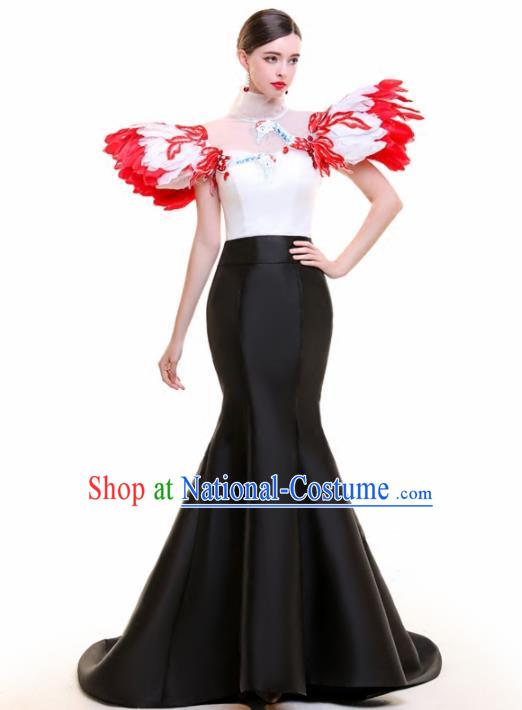 Top Grade Catwalks Feather Black Trailing Full Dress Compere Chorus Costume for Women