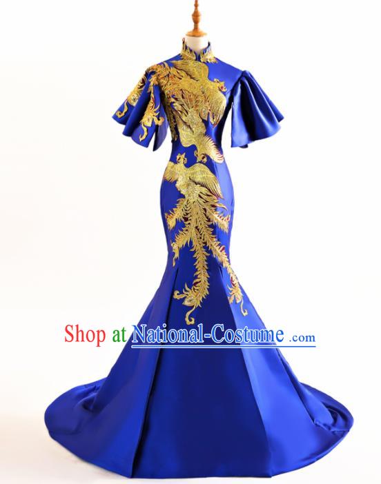 Chinese Traditional Embroidered Phoenix Cheongsam Royalblue Full Dress Compere Chorus Costume for Women