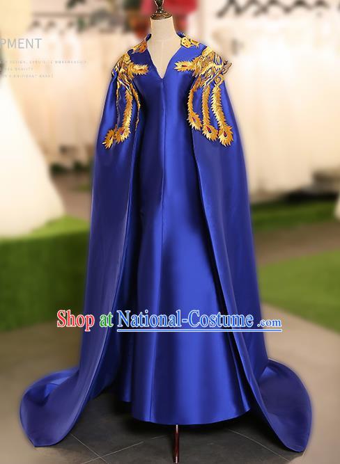 Chinese Traditional Embroidered Phoenix Cloak Blue Full Dress Compere Chorus Costume for Women