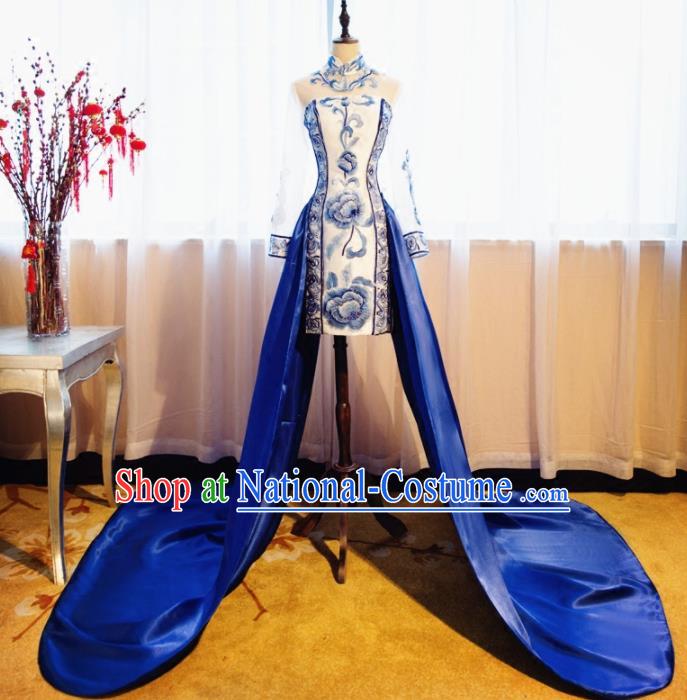 Chinese Traditional Embroidered Peony Cheongsam Compere Chorus Costume for Women