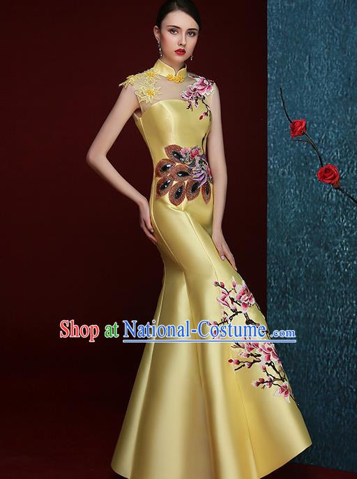 Chinese Traditional Compere Full Dress Embroidered Mangnolia Yellow Cheongsam Chorus Costume for Women