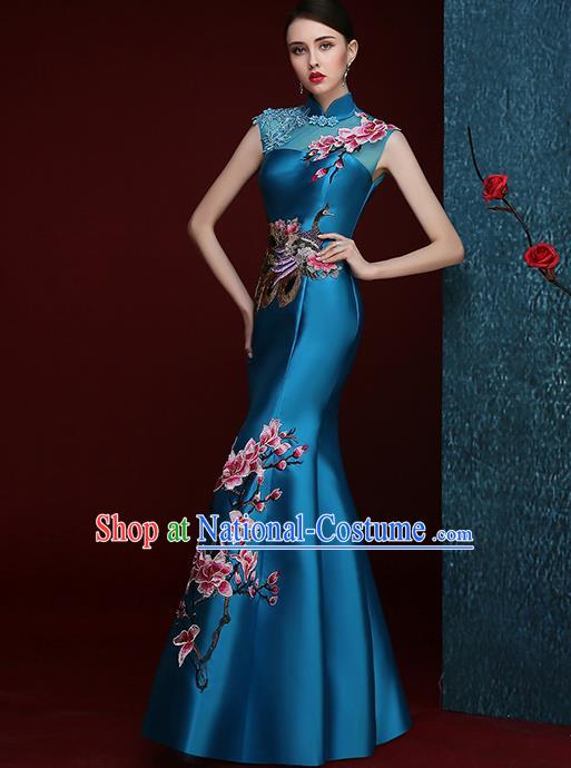 Chinese Traditional Compere Full Dress Embroidered Mangnolia Blue Cheongsam Chorus Costume for Women