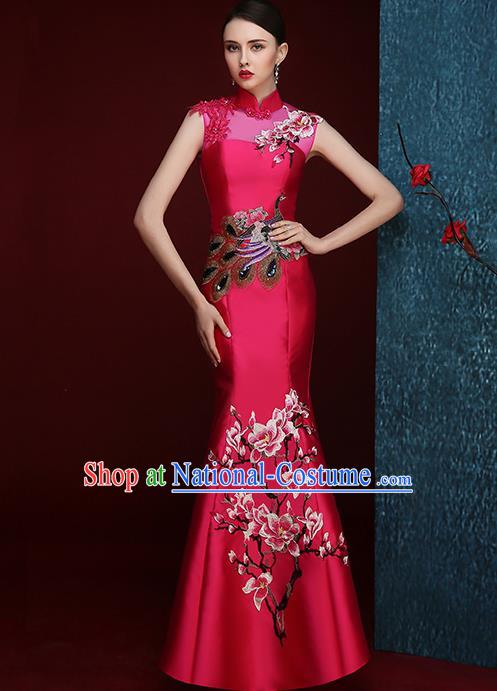 Chinese Traditional Compere Full Dress Embroidered Mangnolia Rosy Cheongsam Chorus Costume for Women