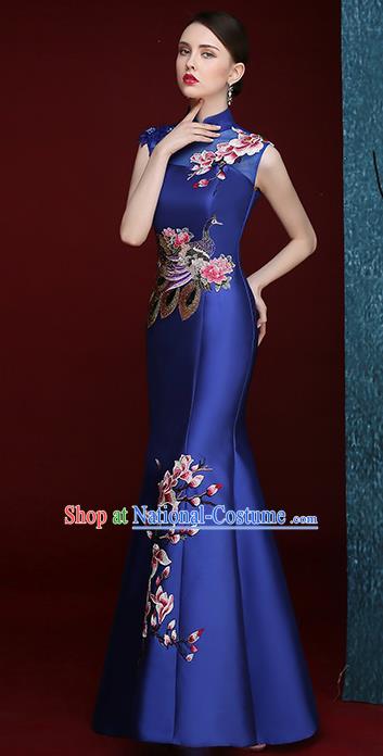 Chinese Traditional Compere Full Dress Embroidered Mangnolia Royalblue Cheongsam Chorus Costume for Women