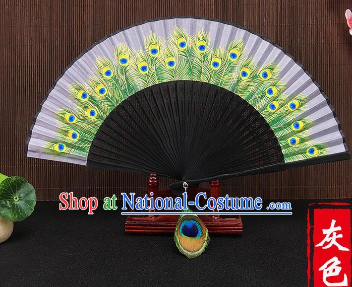 Chinese Traditional Craft Printing Peacock Feather Grey Folding Fans