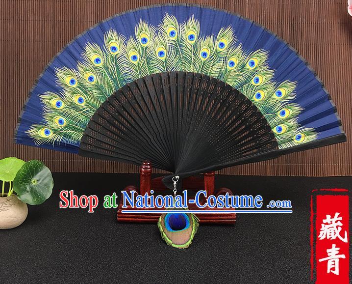 Chinese Traditional Craft Printing Peacock Feather Navy Folding Fans