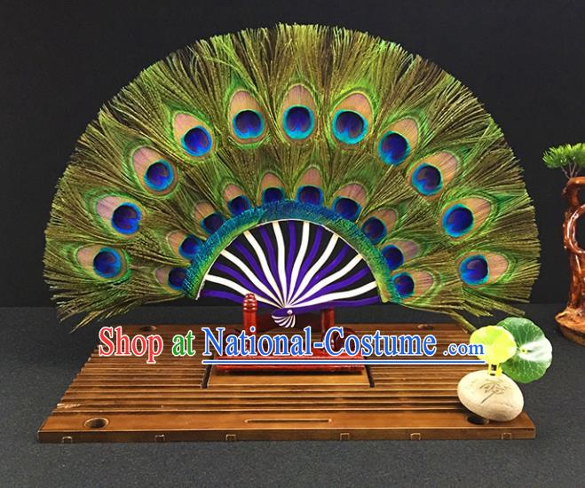 Chinese Traditional Craft Folding Fans Peacock Feather Fan for Women