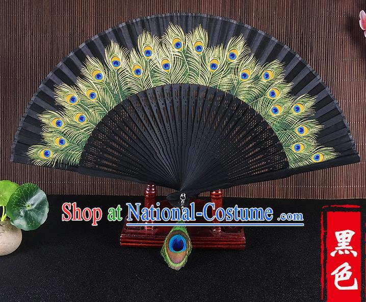 Chinese Traditional Craft Printing Peacock Feather Black Folding Fans