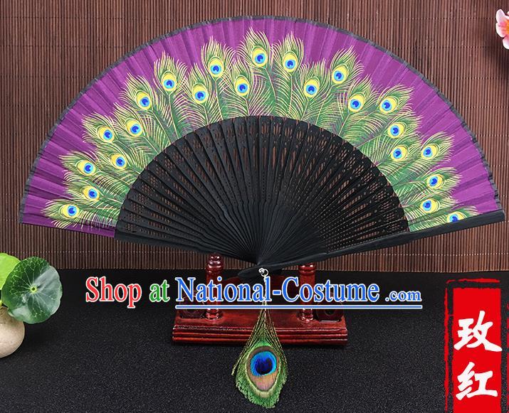 Chinese Traditional Craft Printing Peacock Feather Rosy Folding Fans