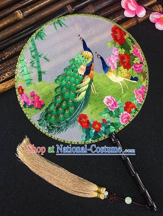 Chinese Traditional Craft Embroidered Peacock Palace Fans Round Fan for Women