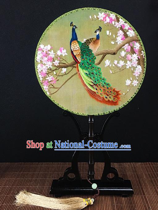 Chinese Traditional Craft Embroidered Peacock Peach Blossom Palace Fans Round Fan for Women